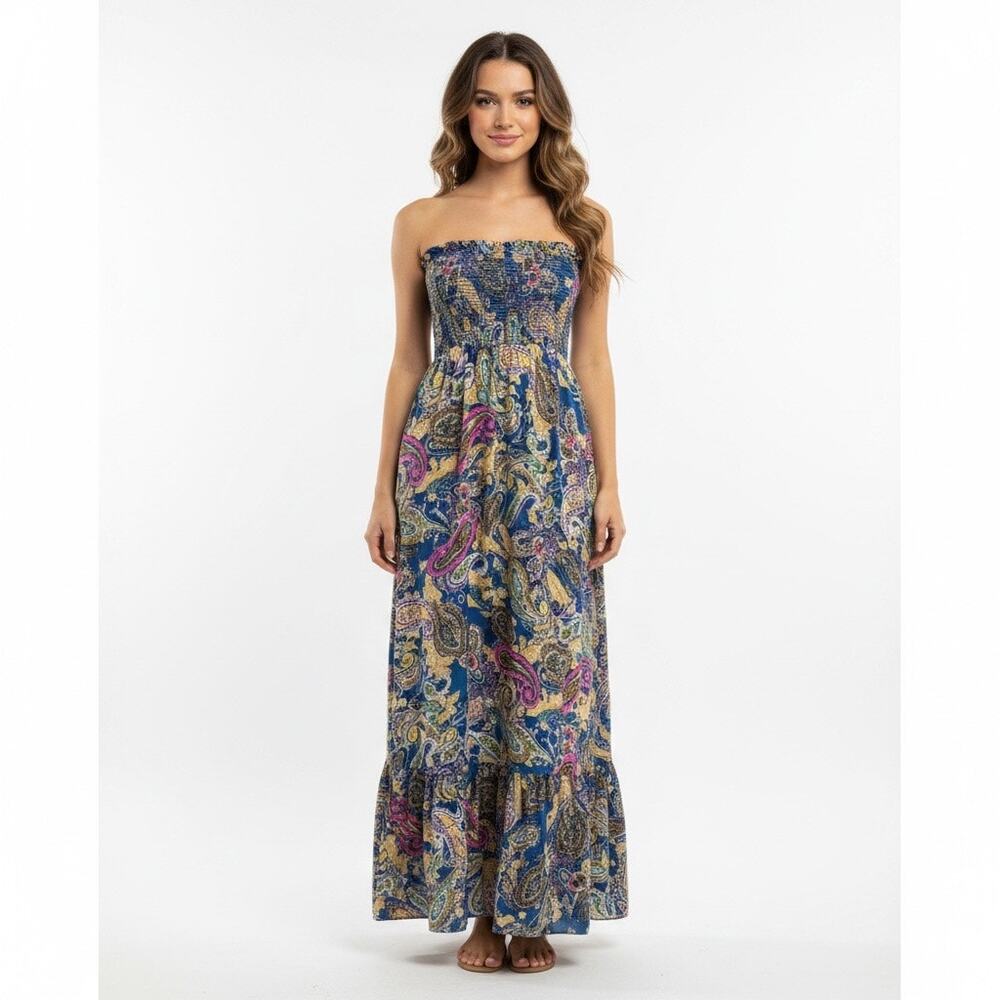Lani Strapless Paisley Maxi Dress Smocked Boho Blue Medium Vacation Resort